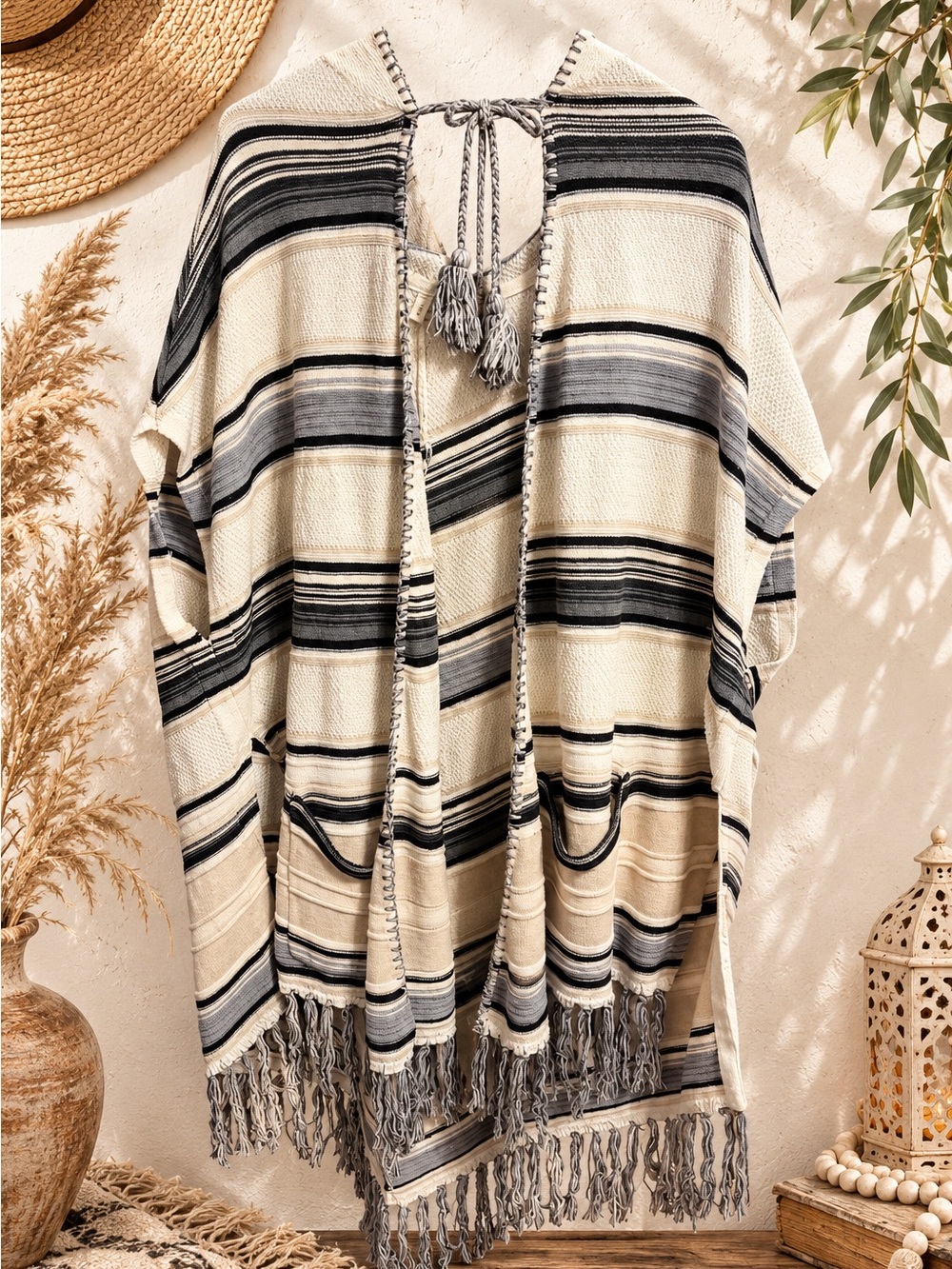 Anthropologie Moth Calexico Boho Striped Hooded Fringe Poncho XS/S fits up to L